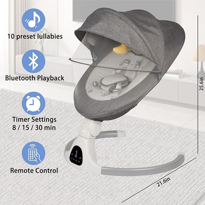 Electric Baby Swing - Touch Screen, 5 Speeds, Portable, Bluetooth, Lullabies, Timer, 5-Point Harness for Infants &amp; Toddlers