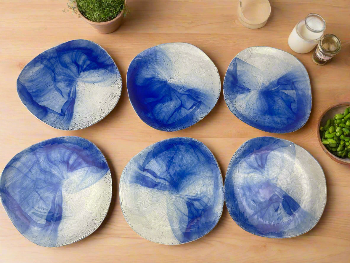 Pasabahce (Set of 6) Linden Batik Blue &amp; Silver Swirl Dinner Plates (25 cm)