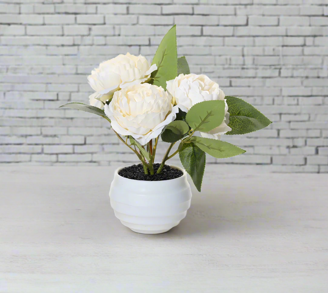 Elegant Artificial Peony Arrangement in White Pot – 17cm