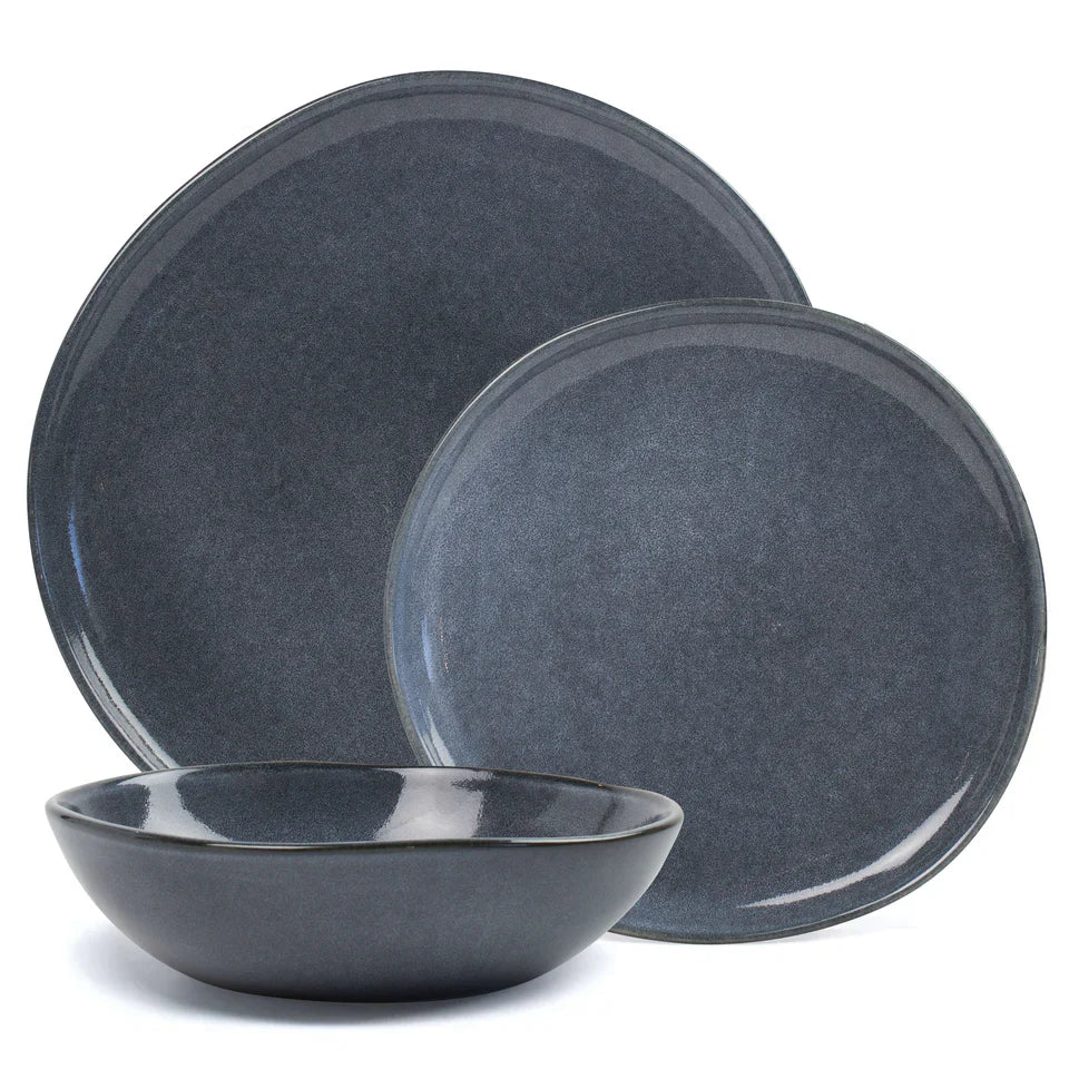 12-Piece Denim Blue Dinner Set – Handcrafted Stoneware Plates &amp; Bowls | Dishwasher &amp; Microwave Safe