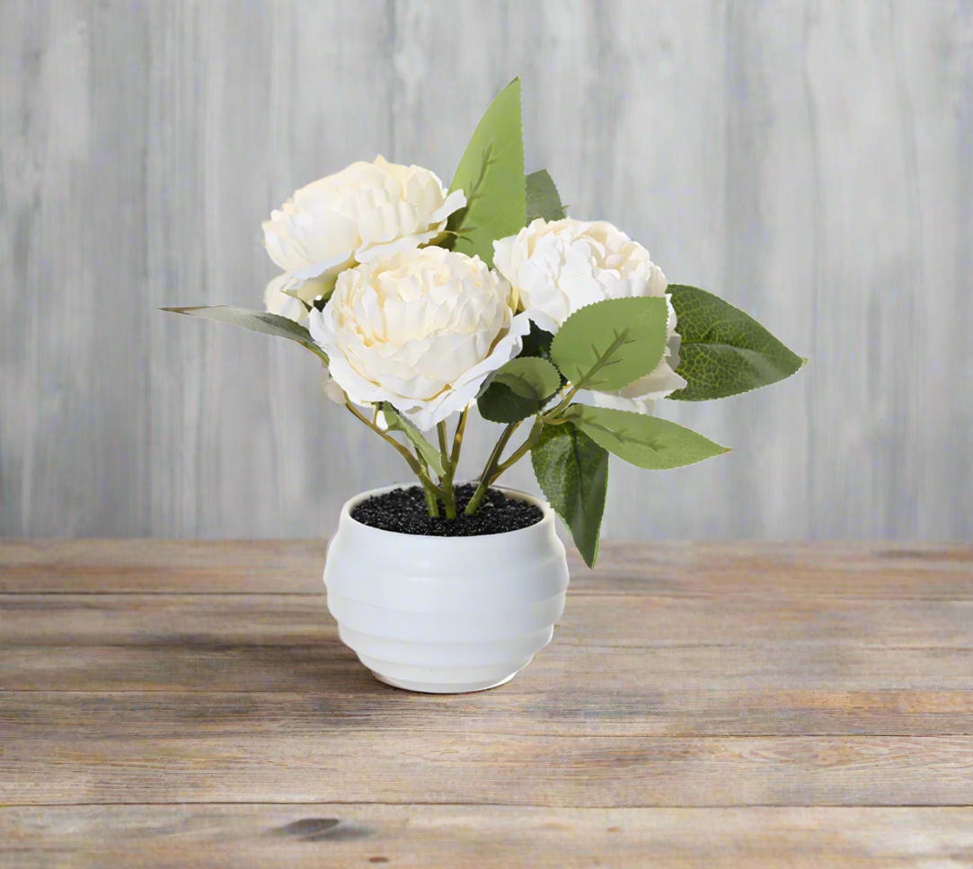 Elegant Artificial Peony Arrangement in White Pot – 17cm