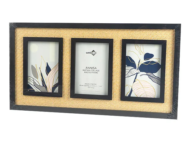 Annisa Rattan Collage Photo Frame – 3 Photo Display | Black &amp; Natural Home Decor