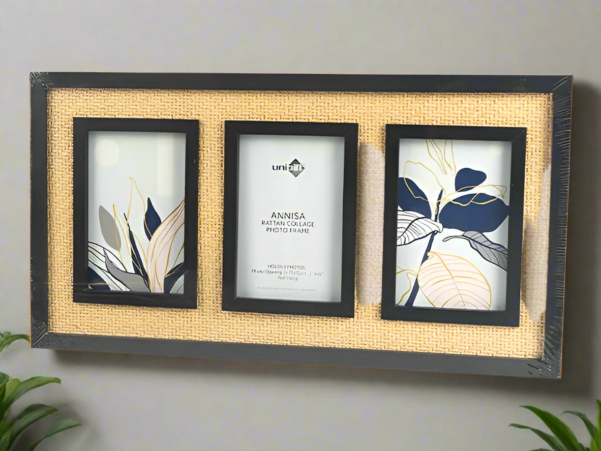 Annisa Rattan Collage Photo Frame – 3 Photo Display | Black &amp; Natural Home Decor