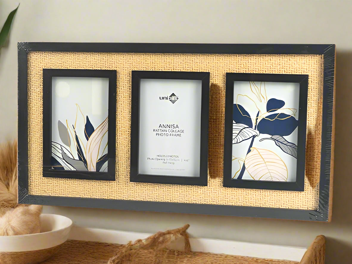 Annisa Rattan Collage Photo Frame – 3 Photo Display | Black &amp; Natural Home Decor