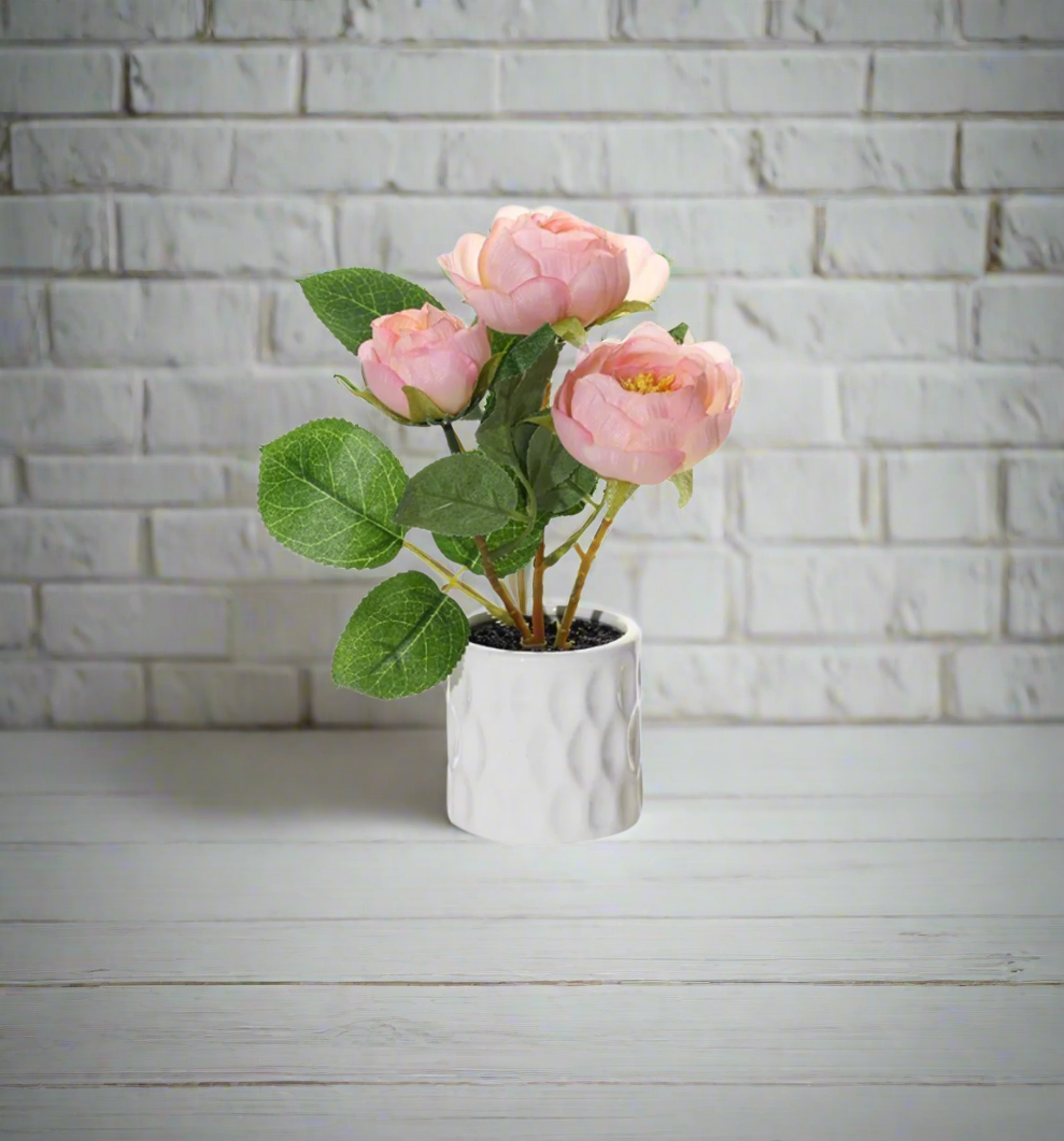 Elegant Artificial Rose Arrangement in Textured Ceramic Pot – 20cm