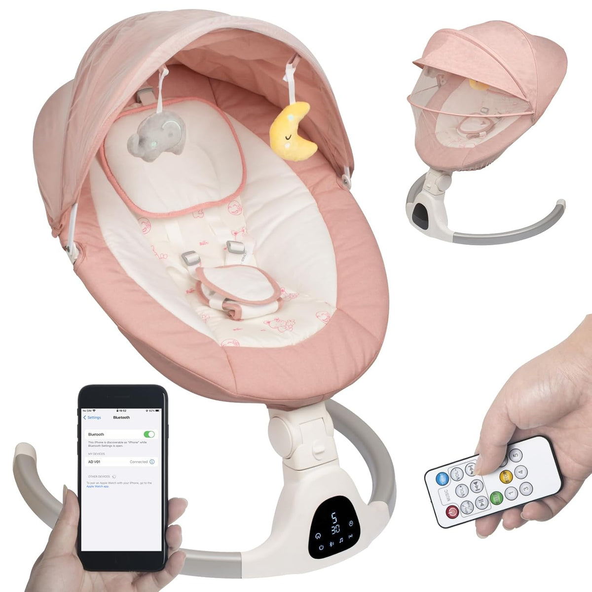 Electric Baby Swing - Touch Screen, 5 Speeds, Portable, Bluetooth, Lullabies, Timer, 5-Point Harness for Infants &amp; Toddlers