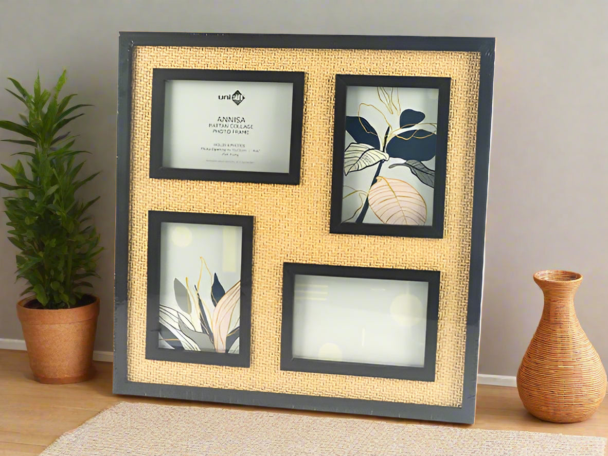 Annisa Rattan Collage Photo Frame - 4 Openings (40x40cm) | Black &amp; Natural Home Decor