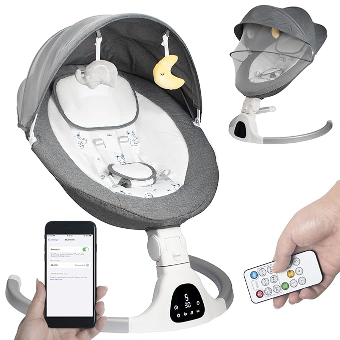 Electric Baby Swing - Touch Screen, 5 Speeds, Portable, Bluetooth, Lullabies, Timer, 5-Point Harness for Infants &amp; Toddlers