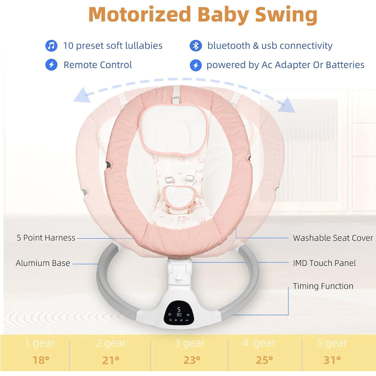 Electric Baby Swing - Touch Screen, 5 Speeds, Portable, Bluetooth, Lullabies, Timer, 5-Point Harness for Infants &amp; Toddlers