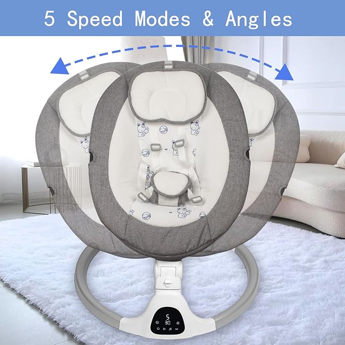 Electric Baby Swing - Touch Screen, 5 Speeds, Portable, Bluetooth, Lullabies, Timer, 5-Point Harness for Infants &amp; Toddlers