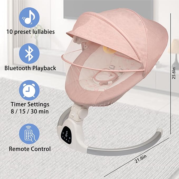 Electric Baby Swing - Touch Screen, 5 Speeds, Portable, Bluetooth, Lullabies, Timer, 5-Point Harness for Infants &amp; Toddlers