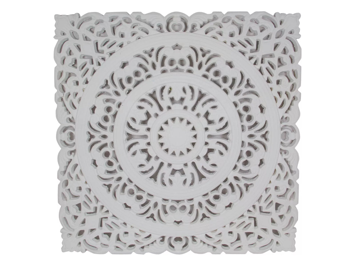 Mandala Wooden Wall Art 55cm Square-Carved Lattice Filigree, White Bohemian