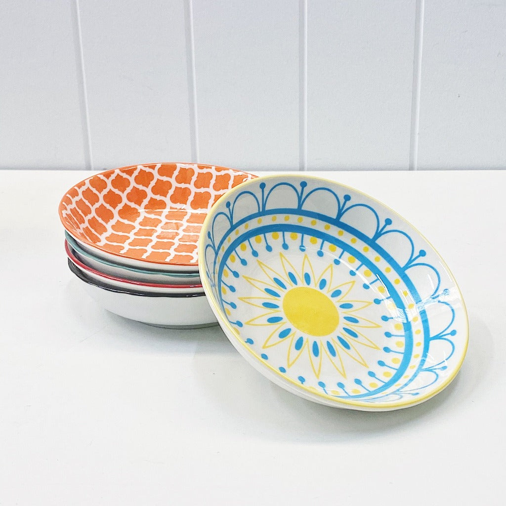 Moroccan Style Condiment Dish Large – perfect for dipping sauces and serving olives or nuts on your grazing platter - Moroccan Style Dinnerware - Mix &amp; Match - 14cmW x 3cmH - wide range of colours and patterns - Commercial Grade quality - Patterns Picked at random | Bliss Gifts &amp; Homewares - Unit 8, 259 Princes Hwy Ulladulla - Shop Online - 0427795959, 44541523 - Australia wide shipping – AfterPay Available