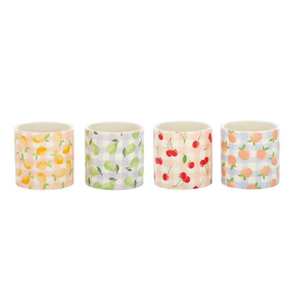 Our gorgeous Tutti Frutti Ceramic Pots create a unique style with bold colours featuring gingham patterns and summer fruits. These pots are perfect to help transform your indoor or outdoor garden with beautiful bright colours. Available in 4 styles. 10x10cm. | Bliss Gifts &amp; Homewares | Unit 8, 259 Princes Hwy Ulladulla | South Coast NSW | Online Retail Gift &amp; Homeware Shopping | 0427795959, 44541523