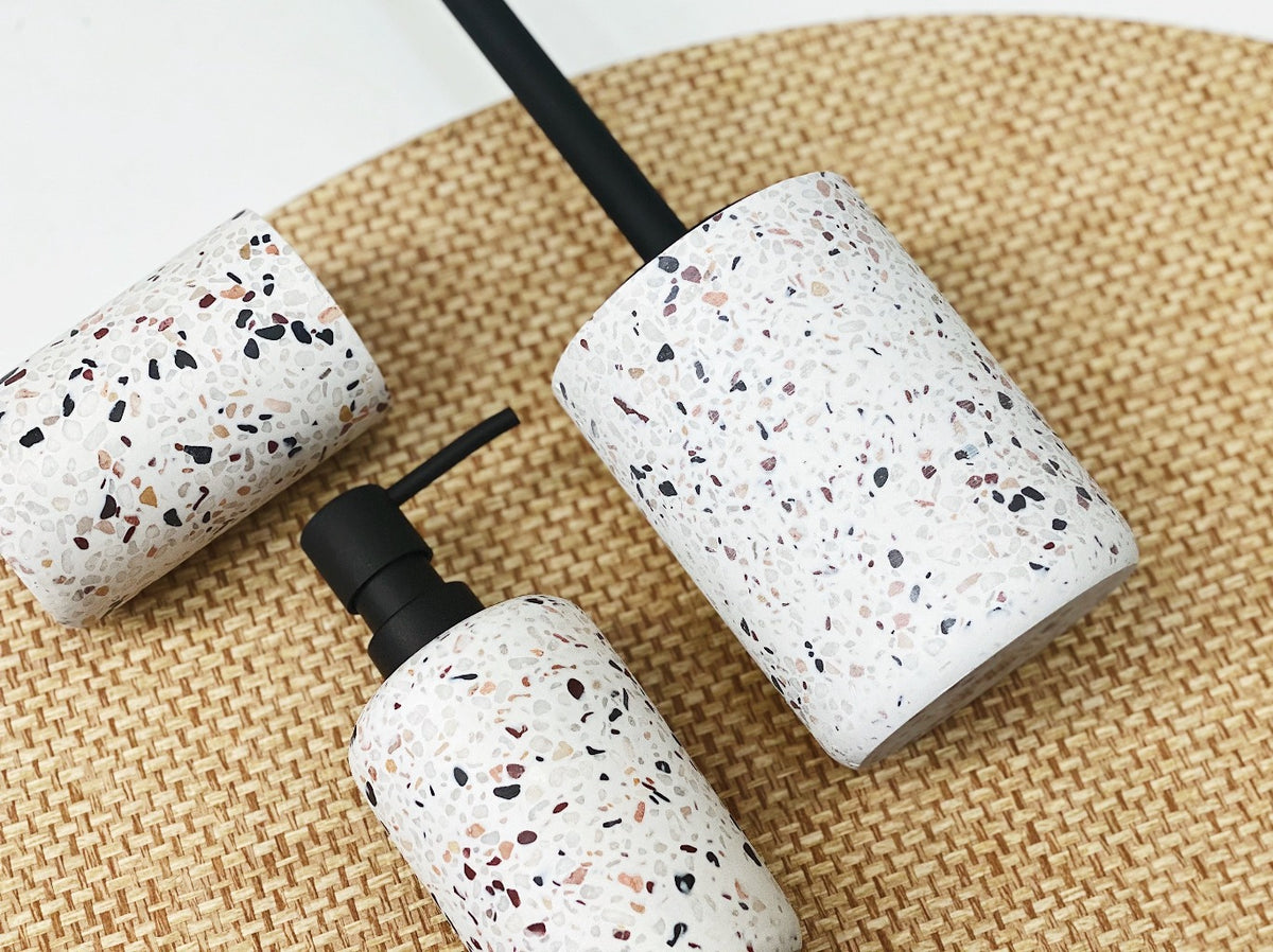 Invite an earthy bathroom aesthetic with this white VENICE toiler brush from Salt&amp;Pepper&#39;&#39;s SUDS collection. Made from durable resin in a delightfully sleek shape, this piece features a matte finish with an on-trend terrazzo inlay, complemented by a matte black handle. | Stockists of Salt &amp; Pepper | Bliss Gifts &amp; Homewares | Milton | Online | 0427795959 | Afterpay available