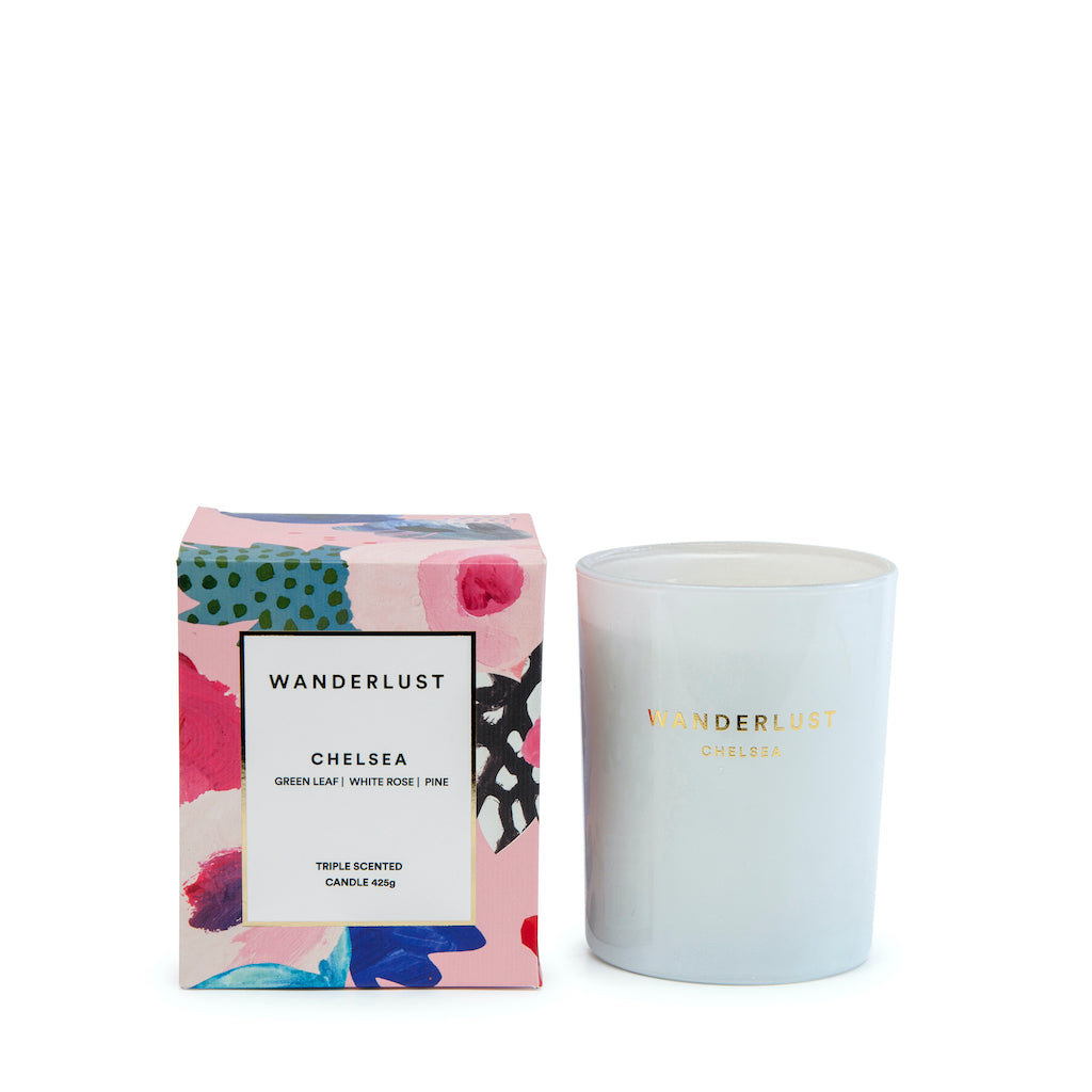 Salt&amp;Pepper&#39;s WANDERLUST collection is this colourfully packaged CHELSEA soy candle filled with a coveted floral blend of green leaf, white rose and pine. Shop online. AfterPay available. Australia wide Shipping | Bliss Gifts &amp; Homewares - Unit 8, 259 Princes Hwy Ulladulla - 0427795959, 44541523