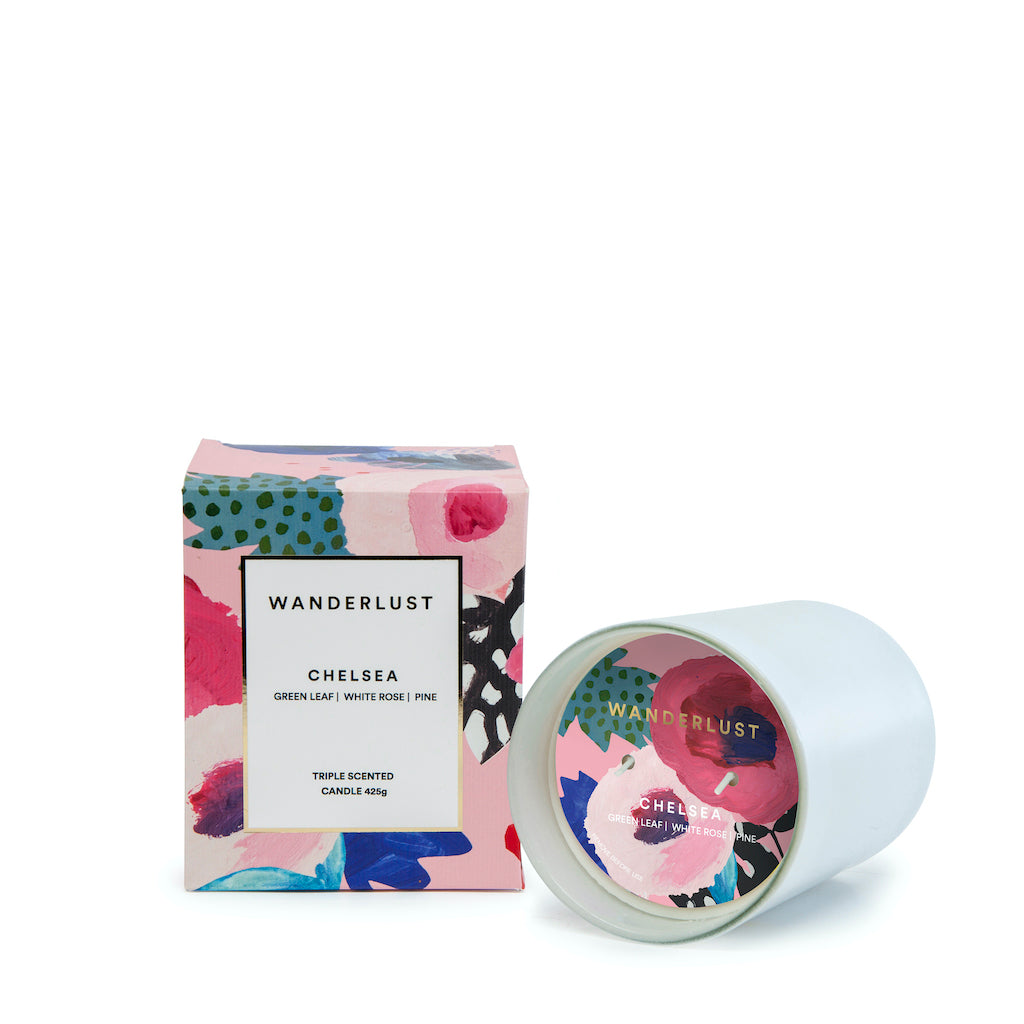 Salt&amp;Pepper&#39;s WANDERLUST collection is this colourfully packaged CHELSEA soy candle filled with a coveted floral blend of green leaf, white rose and pine. Shop online. AfterPay available. Australia wide Shipping | Bliss Gifts &amp; Homewares - Unit 8, 259 Princes Hwy Ulladulla - 0427795959, 44541523