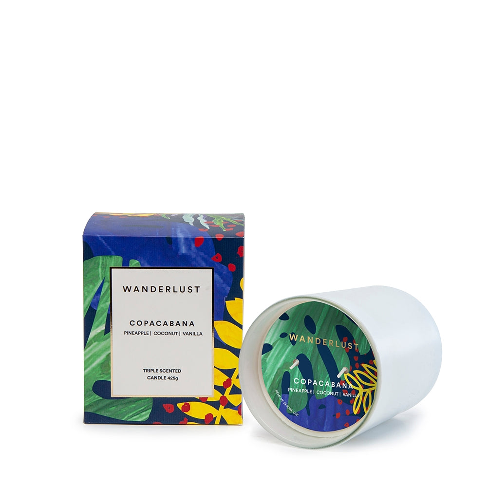 From Salt&amp;Pepper&#39;s WANDERLUST collection is this colourfully packaged 425g COPACOBANA soy candle filled with an energetic blend of pineapple, coconut and vanilla. Enjoying a non-toxic and cotton-wicked burn-time of 30 hours.| Bliss Gifts &amp; Homewares | Unit 8, 259 Princes Hwy Ulladulla | South Coast NSW | Online Retail Gift &amp; Homeware Shopping | 0427795959, 44541523