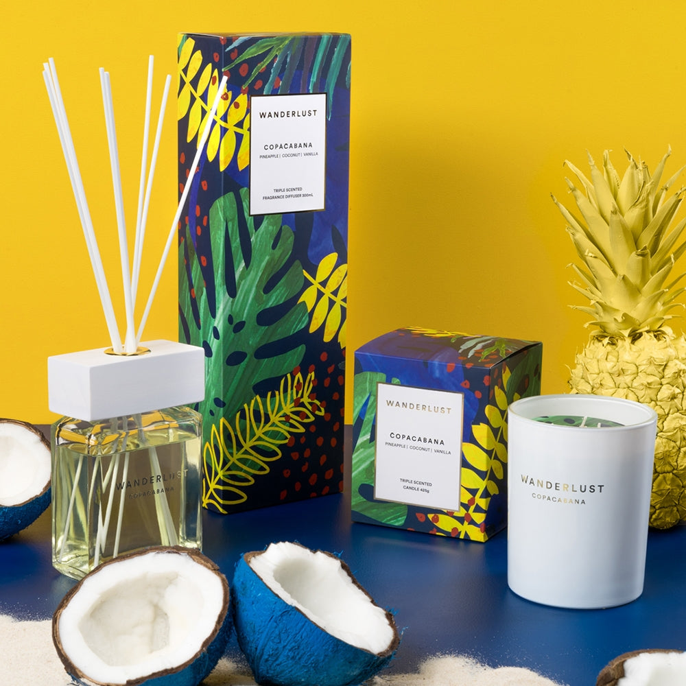 From Salt&amp;Pepper&#39;s WANDERLUST collection is this colourfully packaged 425g COPACOBANA soy candle filled with an energetic blend of pineapple, coconut and vanilla. Enjoying a non-toxic and cotton-wicked burn-time of 30 hours.| Bliss Gifts &amp; Homewares | Unit 8, 259 Princes Hwy Ulladulla | South Coast NSW | Online Retail Gift &amp; Homeware Shopping | 0427795959, 44541523