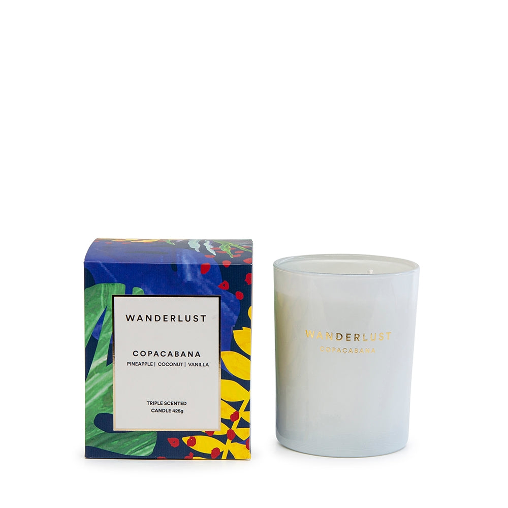 From Salt&amp;Pepper&#39;s WANDERLUST collection is this colourfully packaged 425g COPACOBANA soy candle filled with an energetic blend of pineapple, coconut and vanilla. Enjoying a non-toxic and cotton-wicked burn-time of 30 hours.| Bliss Gifts &amp; Homewares | Unit 8, 259 Princes Hwy Ulladulla | South Coast NSW | Online Retail Gift &amp; Homeware Shopping | 0427795959, 44541523