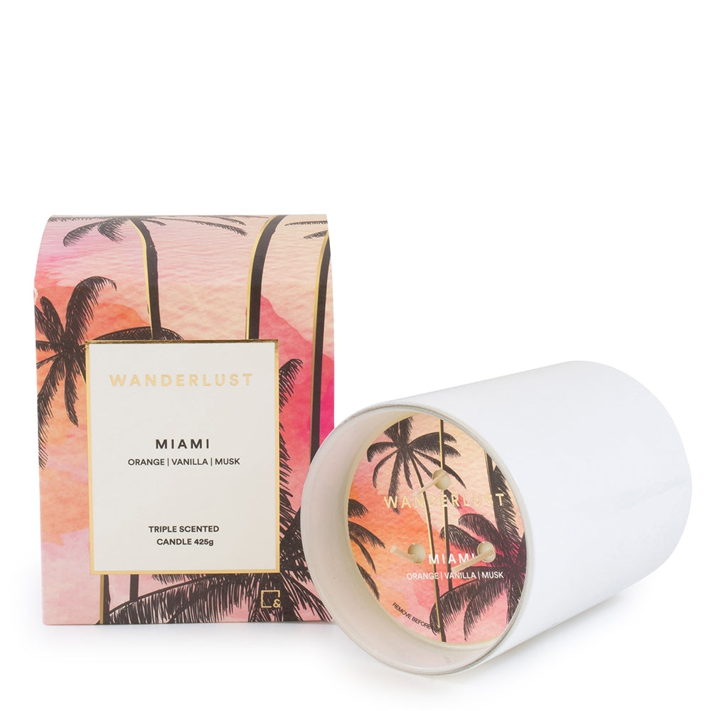 Our Wanderlust candle in the scent Miami will have you putting on your sunnies and lying back on the couch sipping on a cocktail. With a burn time of up to 30 hours, the mouth-watering blend of fresh orange citrus, vanilla and musk will only ignite your travel desires.| Bliss Gifts &amp; Homewares | Unit 8, 259 Princes Hwy Ulladulla | South Coast NSW | Online Retail Gift &amp; Homeware Shopping | 0427795959, 44541523