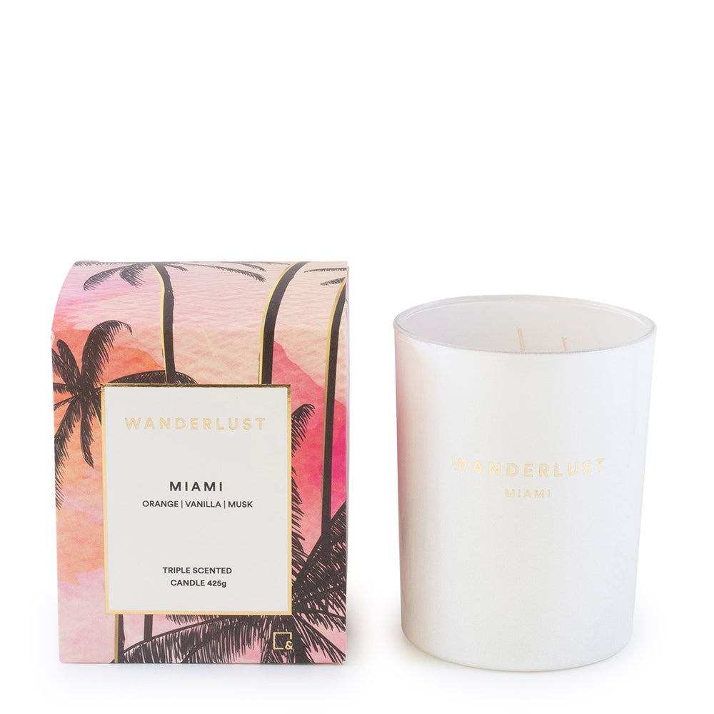 Our Wanderlust candle in the scent Miami will have you putting on your sunnies and lying back on the couch sipping on a cocktail. With a burn time of up to 30 hours, the mouth-watering blend of fresh orange citrus, vanilla and musk will only ignite your travel desires.| Bliss Gifts &amp; Homewares | Unit 8, 259 Princes Hwy Ulladulla | South Coast NSW | Online Retail Gift &amp; Homeware Shopping | 0427795959, 44541523