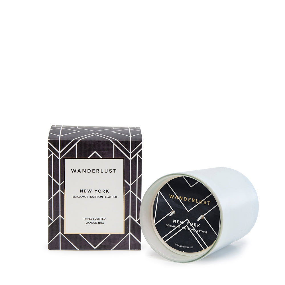 From Salt&amp;Pepper&#39;s WANDERLUST collection is this colourfully packaged 425g NEW YORK soy candle filled with a soul-stirring and woody blend of bergamot, saffron and leather. Enjoying a non-toxic and cotton-wicked burn-time of 30 hours.| Bliss Gifts &amp; Homewares | Unit 8, 259 Princes Hwy Ulladulla | South Coast NSW | Online Retail Gift &amp; Homeware Shopping | 0427795959, 44541523