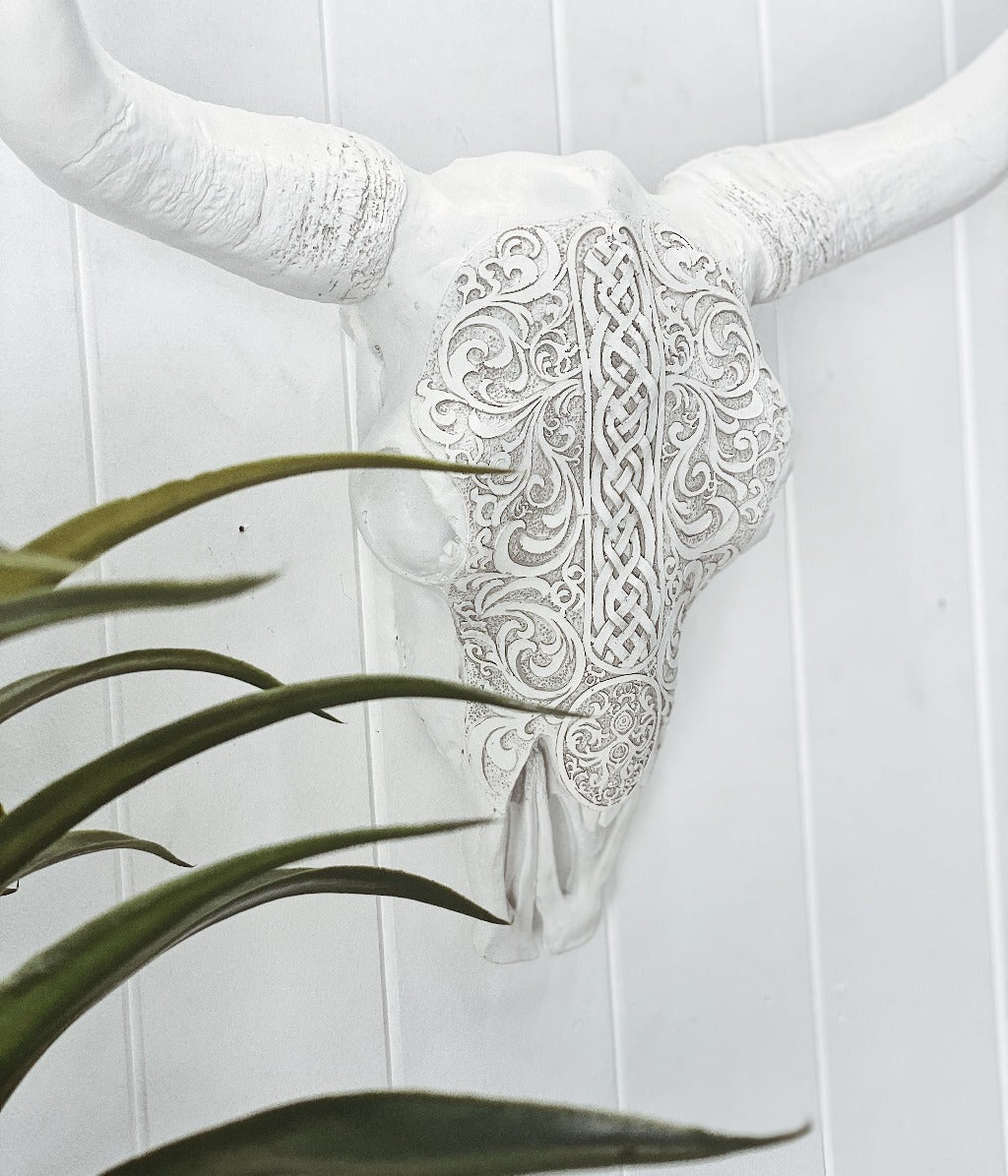 This magnificent White Tribal Pattern Cow Skull is the perfect addition for styling your Boho home. Poly resin. This realistic looking sculpture is light weight and easily wall mounted. 42cm. Shop online. AfterPay available. Australia wide Shipping | Bliss Gifts &amp; Homewares - Unit 8, 259 Princes Hwy Ulladulla - 0427795959, 44541523 