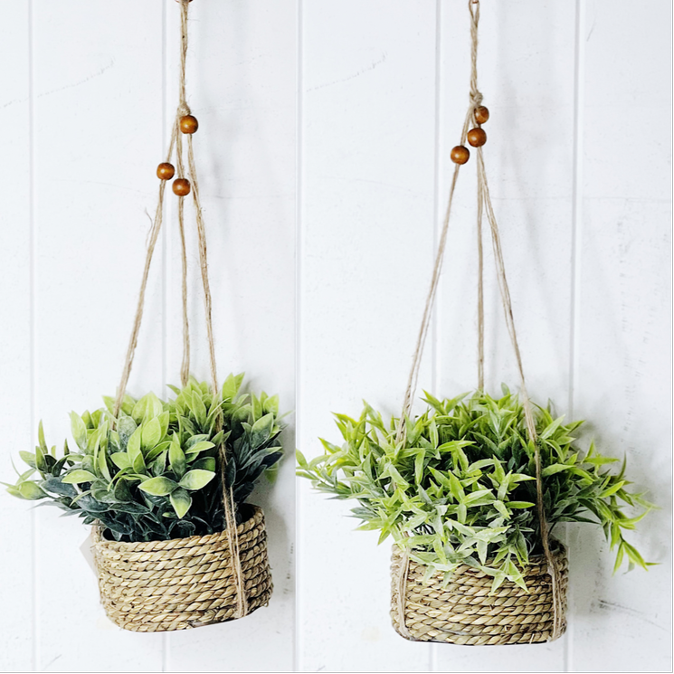 Bring the outdoors in with our Woven Rope Hanging Planters with Faux Plant. With these gorgeous woven rope baskets, it is sure to add some lovely bohemian/coastal texture to your space with beautiful life like artificial plants. Approx 15cm.| Bliss Gifts &amp; Homewares | Unit 8, 259 Princes Hwy Ulladulla | South Coast NSW | Online Retail Gift &amp; Homeware Shopping | 0427795959, 44541523