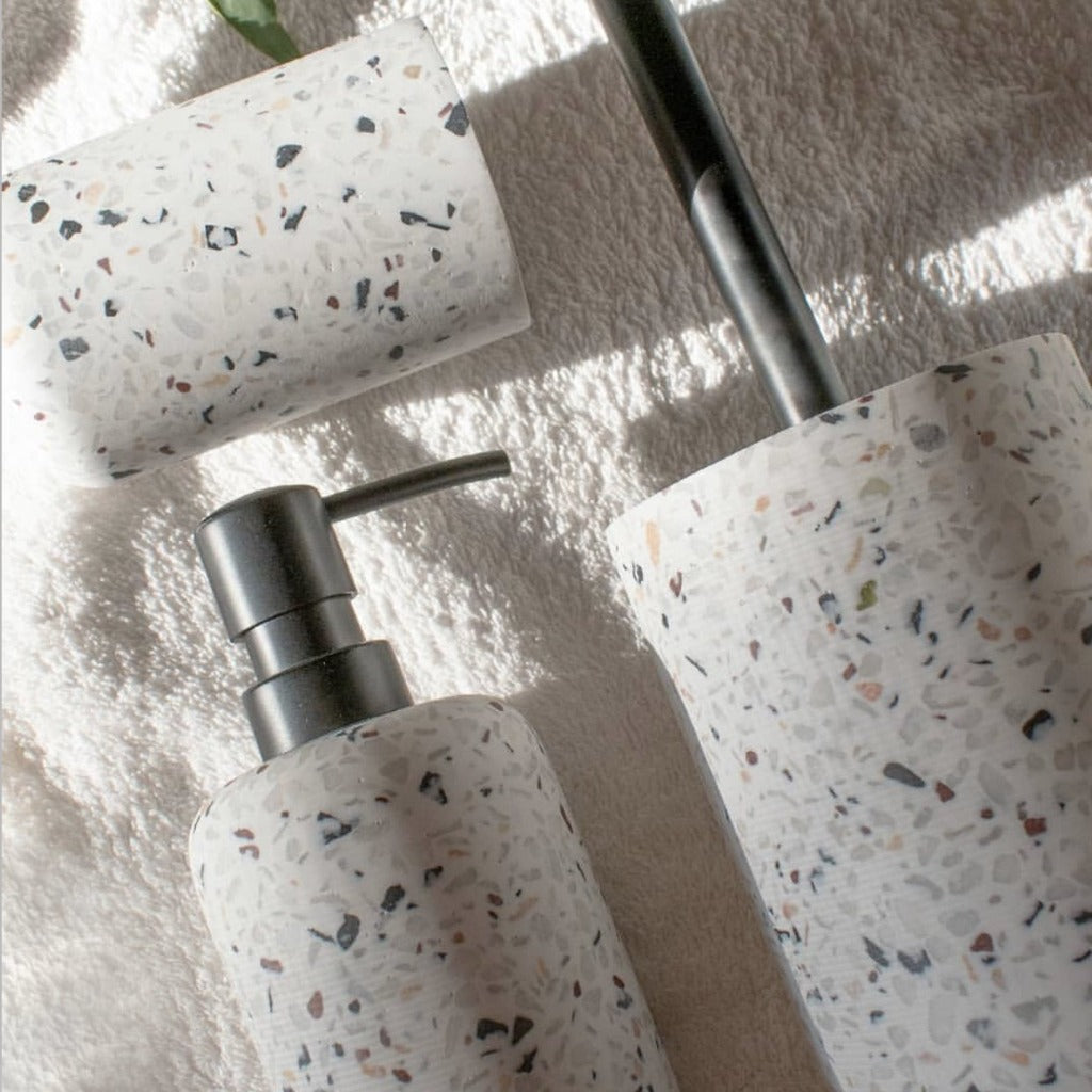 Invite an earthy bathroom aesthetic with this white VENICE toiler brush from Salt&amp;Pepper&#39;&#39;s SUDS collection. Made from durable resin in a delightfully sleek shape, this piece features a matte finish with an on-trend terrazzo inlay, complemented by a matte black handle. | Stockists of Salt &amp; Pepper | Bliss Gifts &amp; Homewares | Milton | Online | 0427795959 | Afterpay available