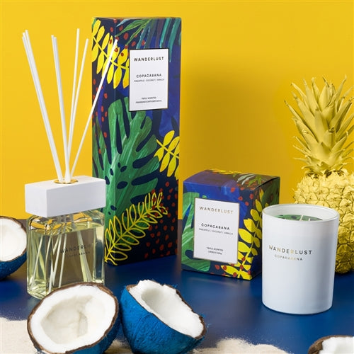 From Salt&amp;Pepper&#39;&#39;s WANDERLUST collection is this colourfully packaged 300ml COPACOBANA diffuser and cotton stick set filled with an energetic blend of pineapple, coconut and vanilla. European-sourced essential oils. Shop online or instore. AfterPay available. Australia wide Shipping. | Bliss Gifts &amp; Homewares | Unit 8, 259 Princes Hwy Ulladulla | South Coast NSW | 0427795959, 44541523 